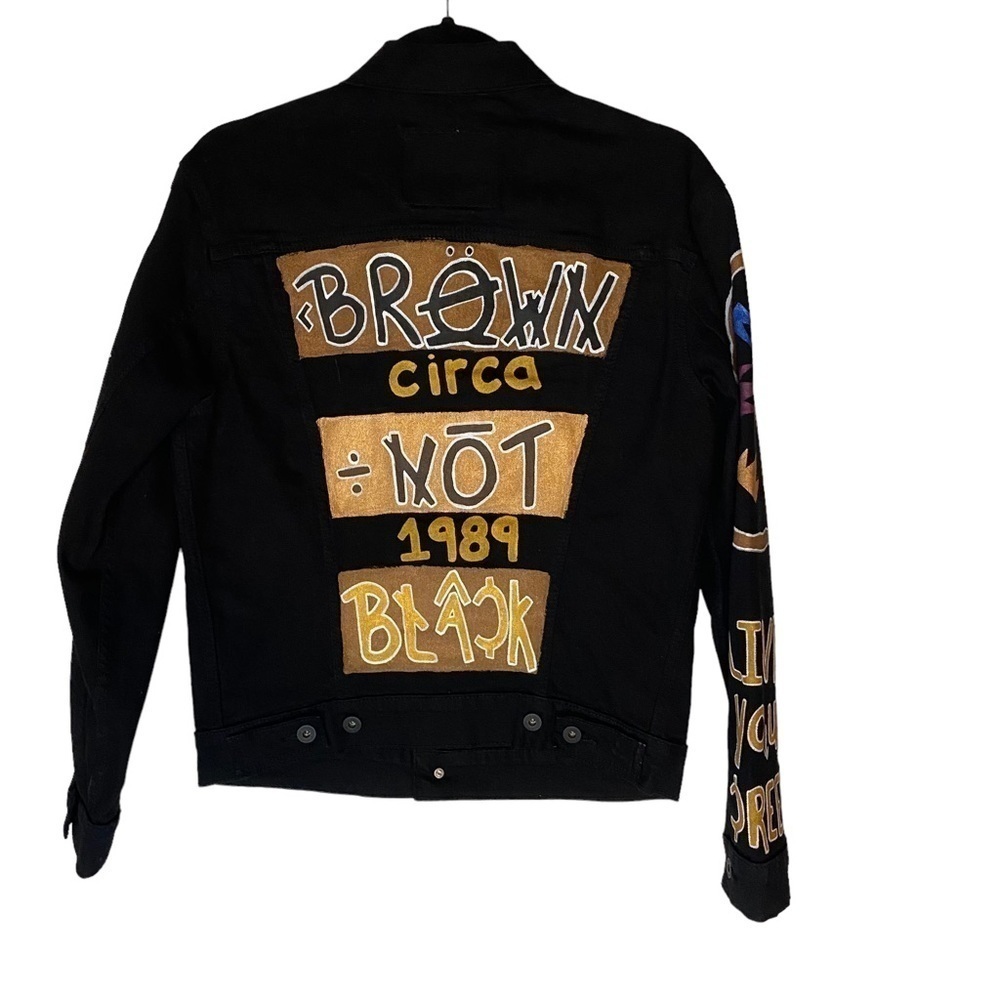 Levis Mens Custom Painted Denim Trucker Jacket Black Graphic Print Small